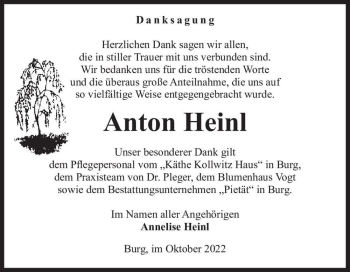 Traueranzeige von Anton Heinl  von Magdeburger Volksstimme