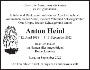 Traueranzeige von Anton Heinl  von Magdeburger Volksstimme