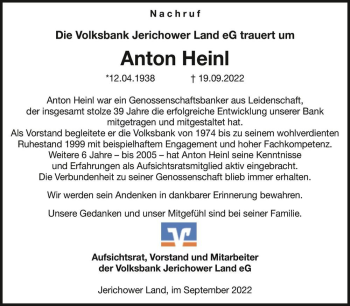 Traueranzeige von Anton Heinl  von Magdeburger Volksstimme