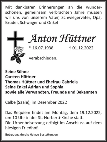 Traueranzeige von Anton Hüttner  von Magdeburger Volksstimme