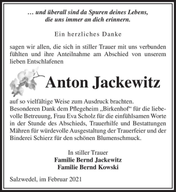 Traueranzeige von Anton Jackewitz  von Magdeburger Volksstimme
