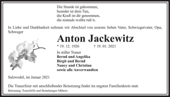 Traueranzeige von Anton Jackewitz  von Magdeburger Volksstimme