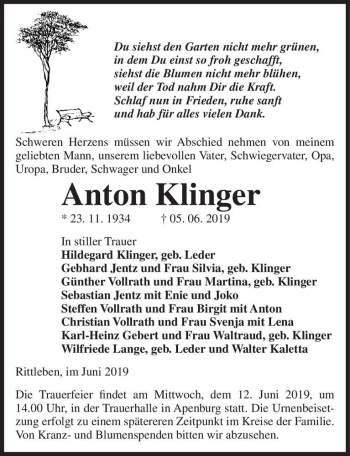 Traueranzeige von Anton Klinger  von Magdeburger Volksstimme