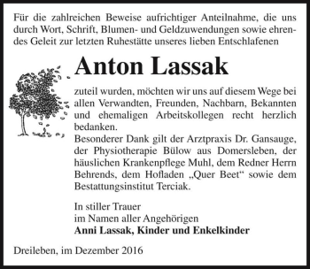 Traueranzeige von Anton Lassak  von Magdeburger Volksstimme