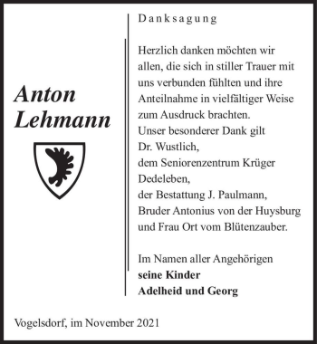 Traueranzeige von Anton Lehmann  von Magdeburger Volksstimme