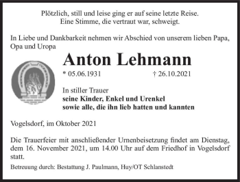 Traueranzeige von Anton Lehmann  von Magdeburger Volksstimme