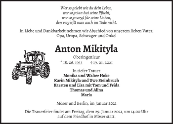 Traueranzeige von Anton Mikityla  von Magdeburger Volksstimme