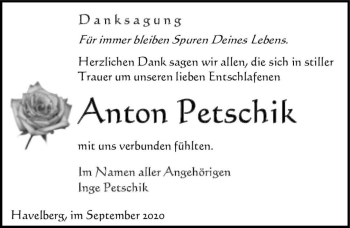 Traueranzeige von Anton Petschik  von Magdeburger Volksstimme