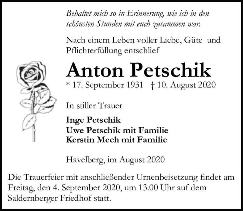  Traueranzeige für Anton Petschik  vom 15.08.2020 aus Magdeburger Volksstimme