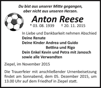 Traueranzeige von Anton Reese  von Magdeburger Volksstimme