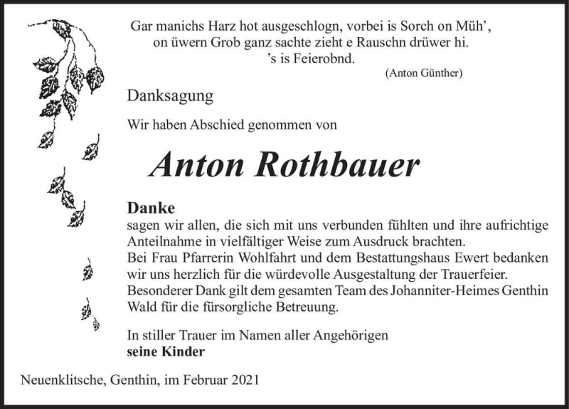  Traueranzeige für Anton Rothbauer  vom 27.02.2021 aus Magdeburger Volksstimme