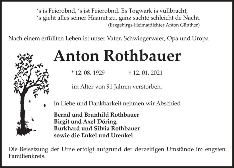  Traueranzeige für Anton Rothbauer  vom 16.01.2021 aus Magdeburger Volksstimme