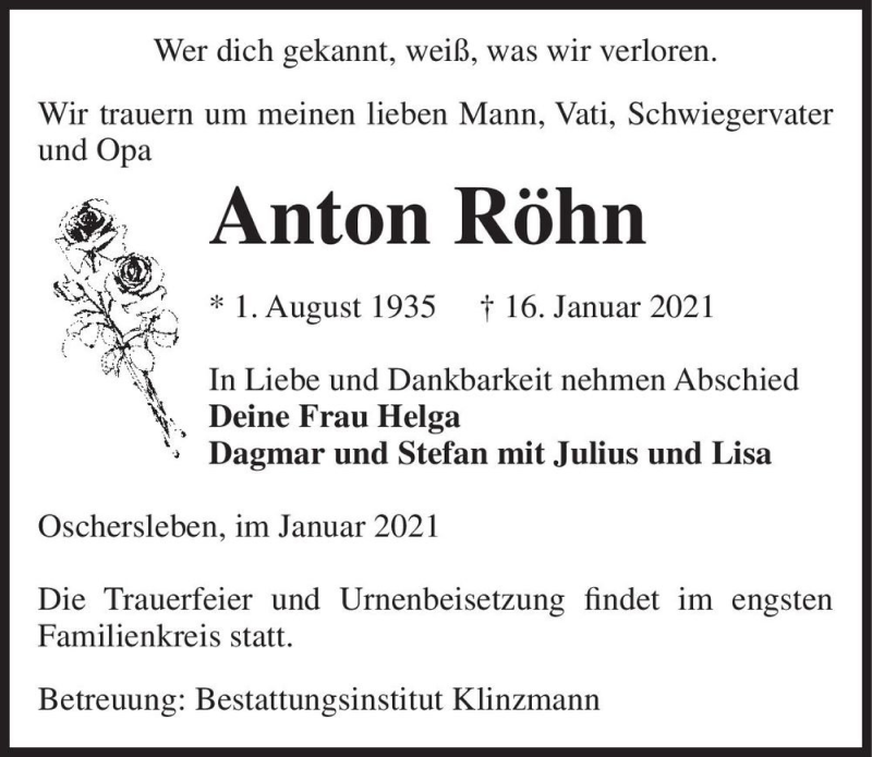  Traueranzeige für Anton Röhn  vom 23.01.2021 aus Magdeburger Volksstimme