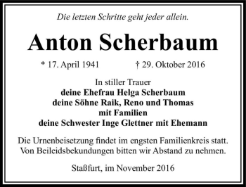 Traueranzeige von Anton Scherbaum  von Magdeburger Volksstimme