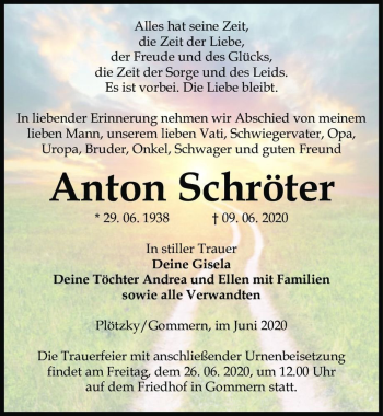 Traueranzeige von Anton Schröter  von Magdeburger Volksstimme