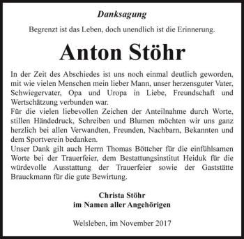 Traueranzeige von Anton Stöhr  von Magdeburger Volksstimme
