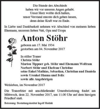 Traueranzeige von Anton Stöhr  von Magdeburger Volksstimme