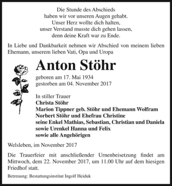 Traueranzeige von Anton Stöhr  von Magdeburger Volksstimme