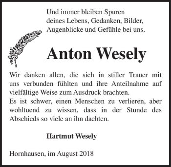 Traueranzeige von Anton Wesely  von Magdeburger Volksstimme