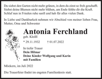 Traueranzeige von Antonia Ferchland (geb. Kleißl)  von Magdeburger Volksstimme