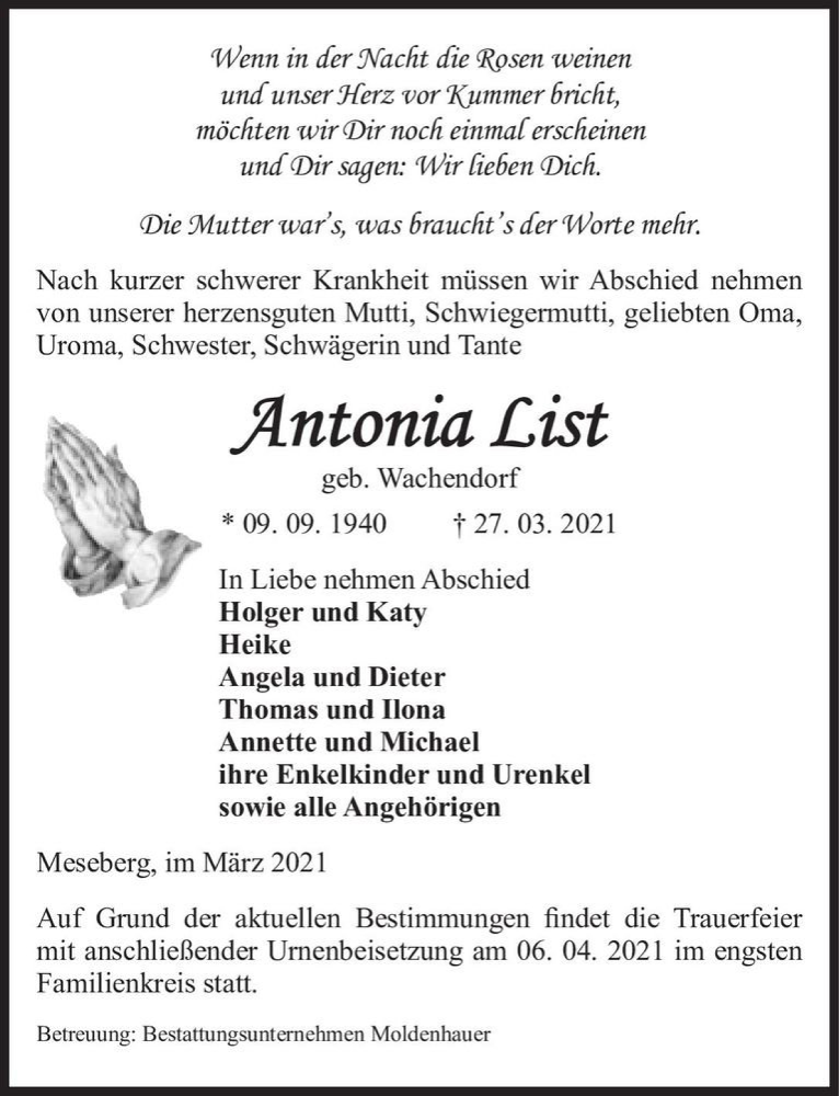  Traueranzeige für Antonia List (geb. Wachendorf)  vom 30.03.2021 aus Magdeburger Volksstimme