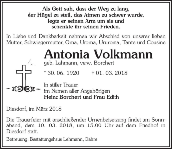 Traueranzeige von Antonia Volkmann (geb. Lahmann, verw. Borchert)  von Magdeburger Volksstimme