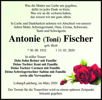 Traueranzeige von Antonie (Toni) Fischer  von Magdeburger Volksstimme