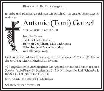 Traueranzeige von Antonie (Toni) Gotzel  von Magdeburger Volksstimme