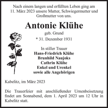 Traueranzeige von Antonie Klühe (geb. Grund)  von Magdeburger Volksstimme