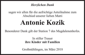 Traueranzeige von Antonie Kozik  von Magdeburger Volksstimme