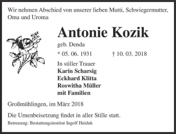 Traueranzeige von Antonie Kozik (geb. Denda)  von Magdeburger Volksstimme