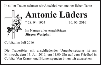 Traueranzeige von Antonie Lüders  von Magdeburger Volksstimme