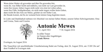 Traueranzeige von Antonie Mewes  von Magdeburger Volksstimme