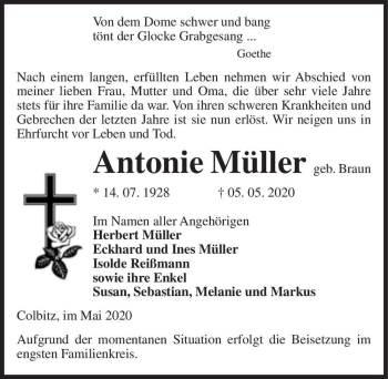 Traueranzeige von Antonie Müller (geb. Braun)  von Magdeburger Volksstimme