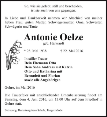 Traueranzeige von Antonie Oelze (geb. Harwardt)  von Magdeburger Volksstimme