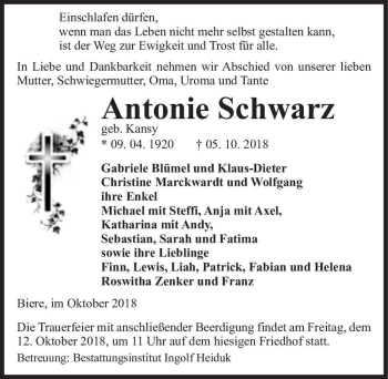 Traueranzeige von Antonie Schwarz (geb. Kansy)  von Magdeburger Volksstimme