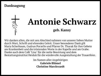 Traueranzeige von Antonie Schwarz (geb. Kansy)  von Magdeburger Volksstimme