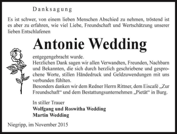 Traueranzeige von Antonie Wedding  von Magdeburger Volksstimme