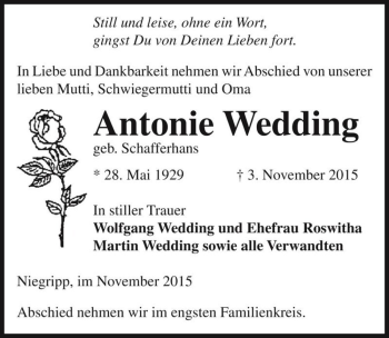Traueranzeige von Antonie Wedding (geb. Schafferhan)  von Magdeburger Volksstimme