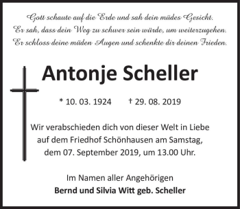 Traueranzeige von Antonije Scheller  von Magdeburger Volksstimme