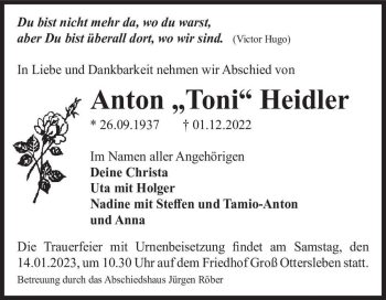 Traueranzeige von Anton “Toni“ Heidler  von Magdeburger Volksstimme