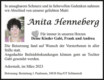 Traueranzeige von Aníta Henneberg  von Magdeburger Volksstimme