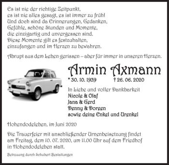 Traueranzeige von Armin Axmann  von Magdeburger Volksstimme