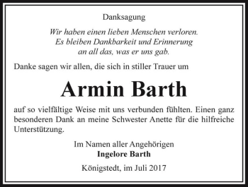 Traueranzeige von Armin Barth  von Magdeburger Volksstimme