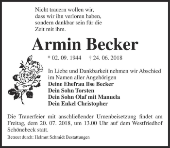 Traueranzeige von Armin Becker  von Magdeburger Volksstimme