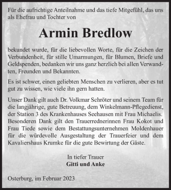 Traueranzeige von Armin Bredlow  von Magdeburger Volksstimme
