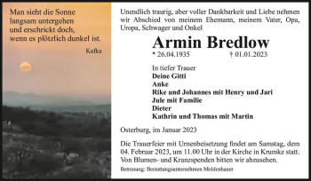 Traueranzeige von Armin Bredlow  von Magdeburger Volksstimme