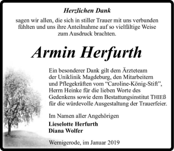Traueranzeige von Armin Herfurth  von Magdeburger Volksstimme