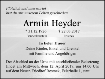 Traueranzeige von Armin Heyder  von Magdeburger Volksstimme