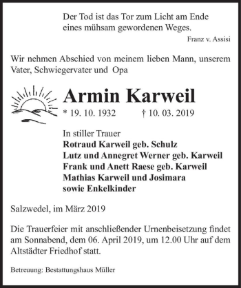 Traueranzeige von Armin Karweil  von Magdeburger Volksstimme